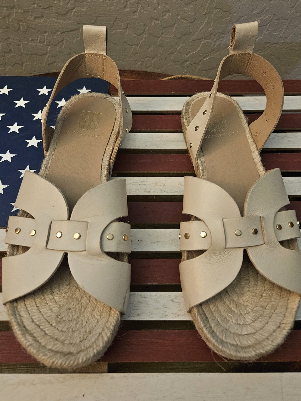 Bruno Magli Cream Leather Espadrille Sandals with Gold Studs